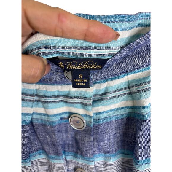 Brooks Brothers 100% Linen Striped Mini Skirt Button Front Blue White Size 8 - Picture 6 of 6